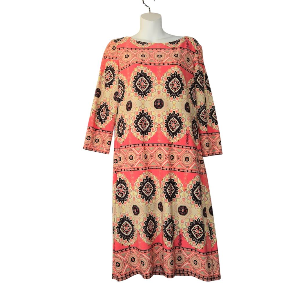 London Times Womens Size 8 Sheath Dress Coral Boho Mandala‎ Print Stretch Retro